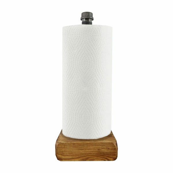 Kitchen Roll Holder Solid Wooden Base Industrial Raw Steel Pipe Style Rustic