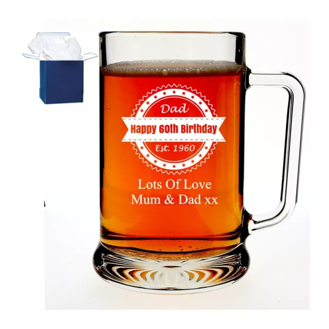 Personalised Engraved Pint Glass Tankard  50th 40th 60th Birthday Free Gift Box