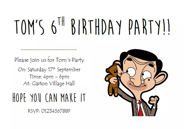 personalised paper card party invites invitations BIRTHDAY PARTY MR BEAN #1