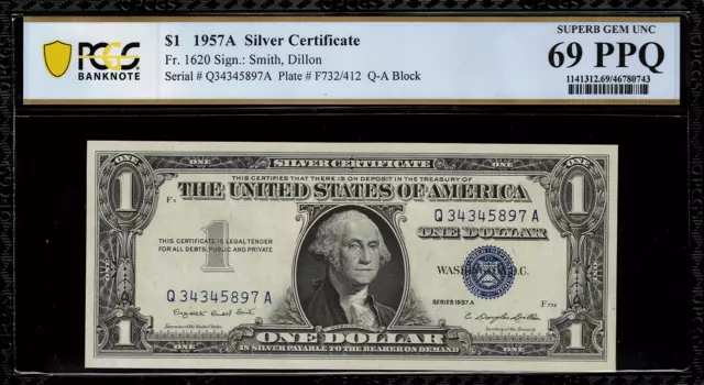 1957A $1 Silver Certificate FR-1620 - Graded PCGS 69 PPQ Superb Gem Uncirculated