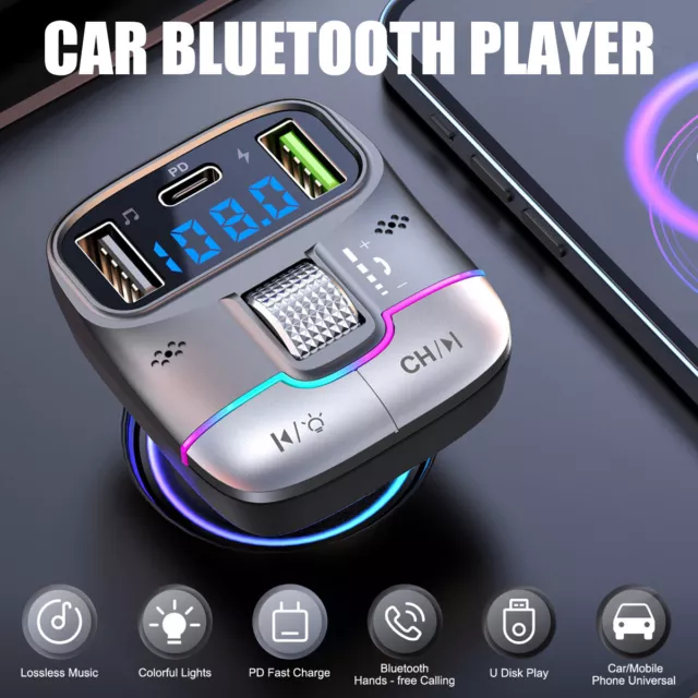 Car Bluetooth5.3 FM Transmitter Wireless USB PD Adapter MP3 Player Quick Charger