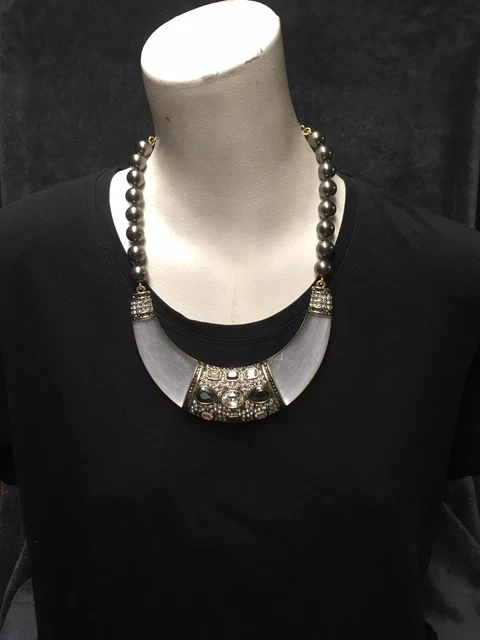 Heidi Daus Say It With Style Beaded Bib Drop Clear Gold Bronze Tone Necklace 18"
