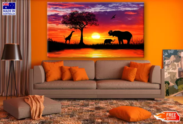 African Animals at Sunset Drawing Wall Canvas Home Decor Australian Made Quality