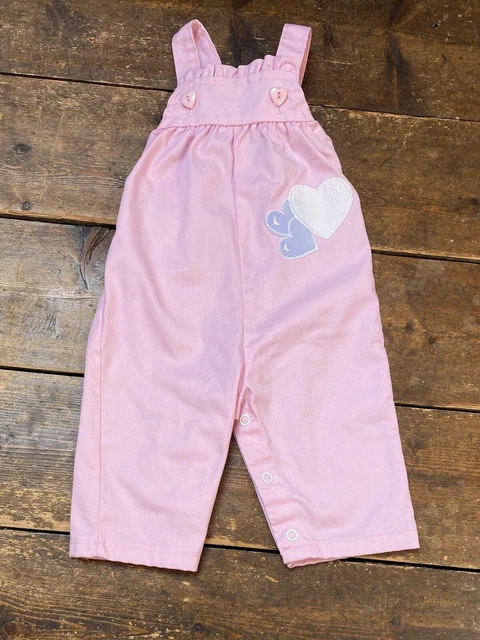Dungarees cuore rosa vintage per bambine età 6-9 mesi anni '90