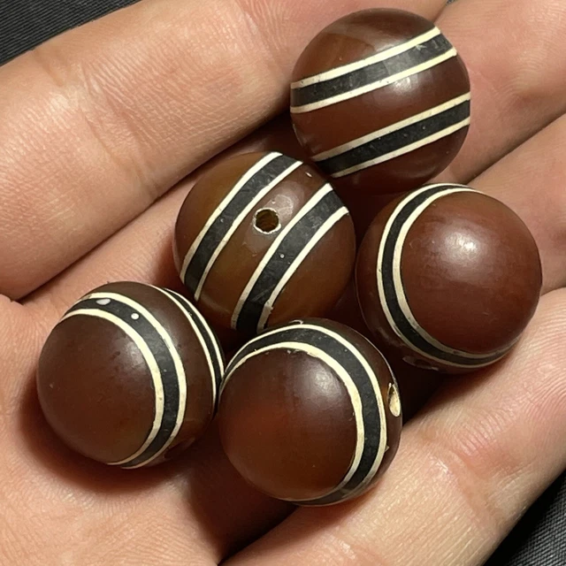 5 PCS Ancient Etched Agate Stripes Pyu Indo Tibetan Old Dzi Beads 3