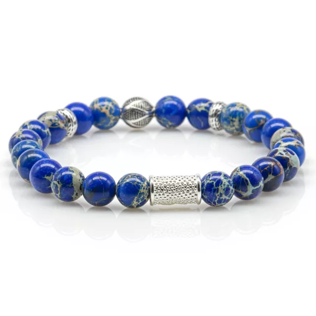 Bracciale Argento Sterling 925 Jaspis Braccialetto Braccialetto Perline Argento Blu 8mm 2