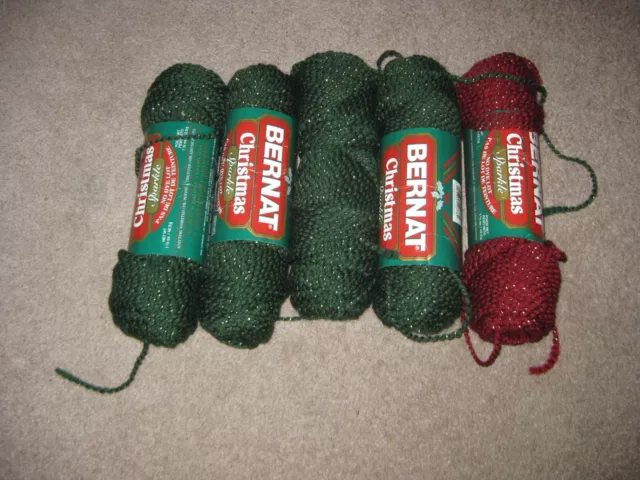 Lot 5 skeins Bernat Vintage Christmas Sparkle Yarn Red/Green