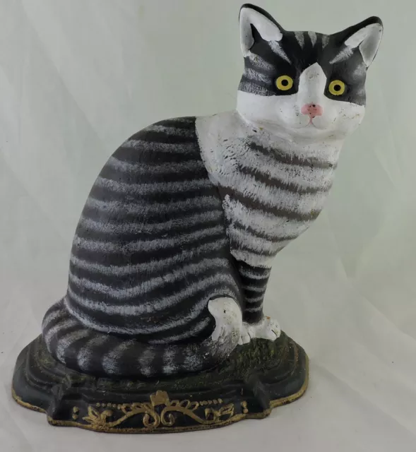 Striped Gray Black White Yellow Eyes Kitten Cat Doorstop Figurine Cast Iron