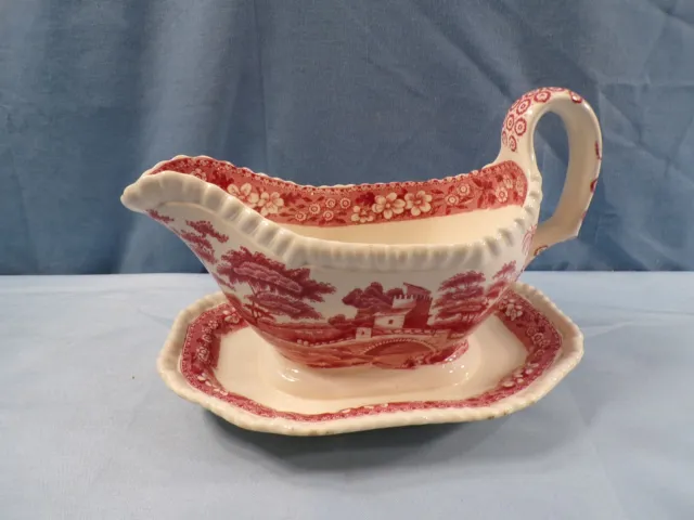 Vintage Copeland Spode' s Tower Pink Gravy Boat w/ Attached Underplate