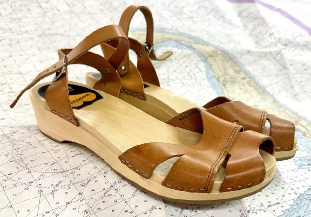 ✨ Swedish HASBEENS TOFFEL Cognac Leather Ankle Strap Wooden CLOG SANDALS Size 40