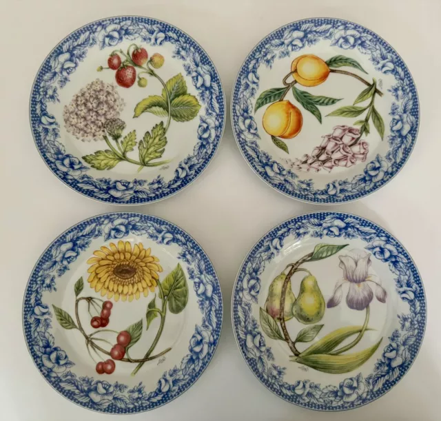 Set Of 4, I. Godinger Fruit & Floral Blue & White Dessert Plates, 7.5” Colorful