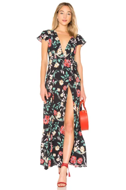 LOVERS + FRIENDS Black Floral Print Kayla High Slit V-Neck Maxi Wrap Dress XS 2