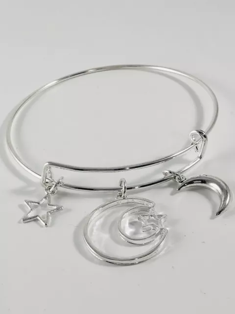 Celestial Moons & Stars Silver charm Expandable Bangle Bracelet