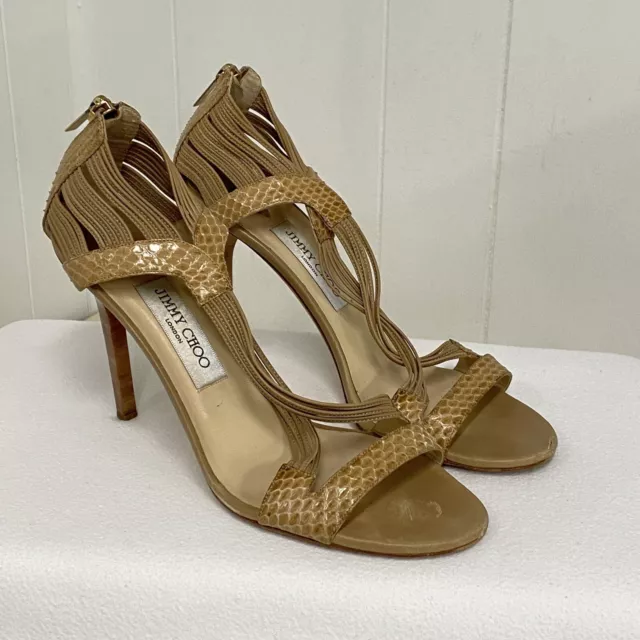 Jimmy Choo Elaphe Heels Women's 40 Beige Snakeskin Print Strappy Open Toe Heels