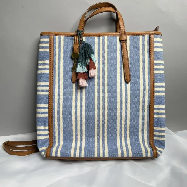 Fossil Camilla Convertible Backpack Blue White Striped Fabric Leather Man-made