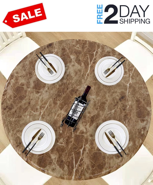 Round Waterproof Table Cover Elastic Tablecloth Vinyl Fitted Marble Brown ...