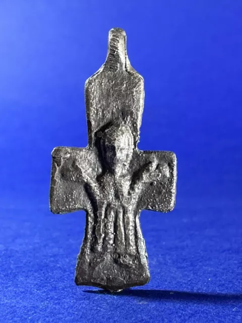 SUPERB Wearable Ancient Byzantine Silver Cross Pendant With Saint 1000-1400 AD