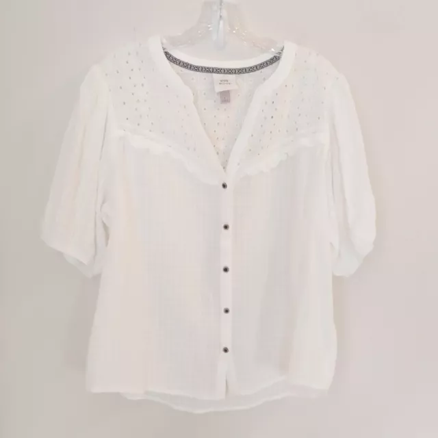 Knox Rose Women's Blouse Large White botton up Lace Accent