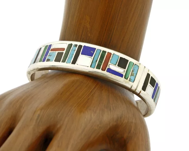 Early Artist David Freeland Inlaid Natural Gemstone .925 SOLID Silver Cuff