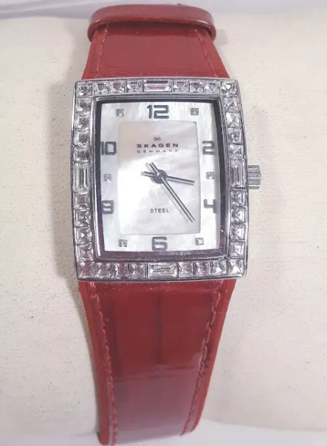 Skagen Denmark Watch 527sslr8a Silver Case Red Leather Band Mop Face Crystal New