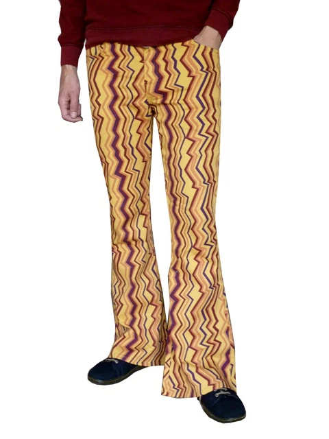 FLARES YELLOW ZIG Zag Mens Bell Bottoms Hippie vtg Trousers 60s