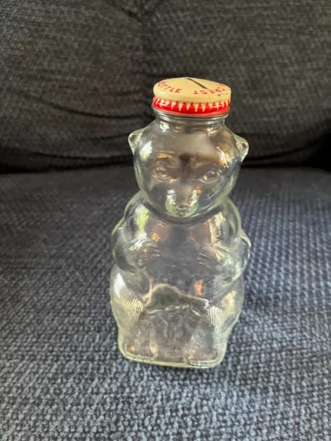 Vintage Snow Crest Glass Bear Bank w/metal lid, Over 70 years old