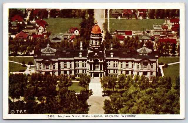 Cheyenne Wyoming~State Capitol Aerial View~1940s Linen Postcard