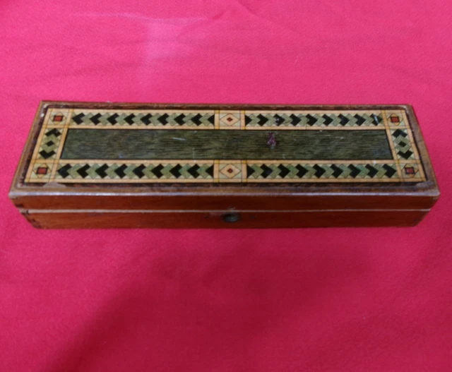 Antique Wood Pencil Box with Hinged Lid and Paper Transfer Design