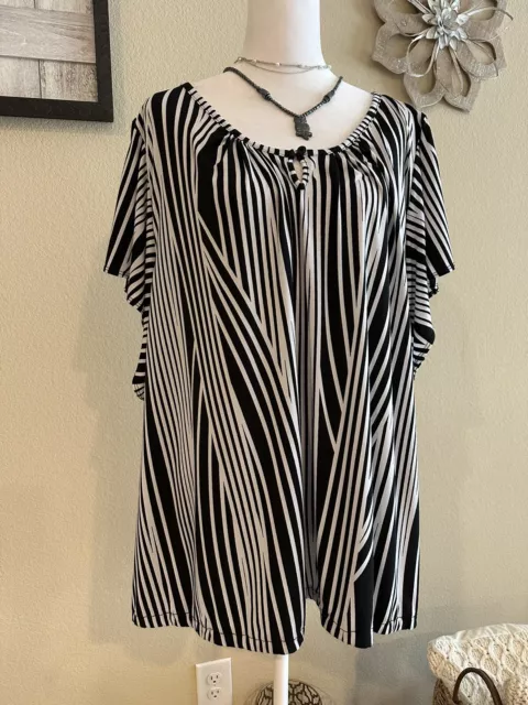 Worthington Women's Plus Black/White Short Flutter Sleeve Blouse - Sz 3X