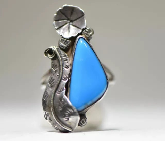 Turquoise ring long Navajo squash blossom southwest sterling silver size 8.25