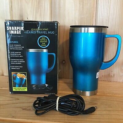 Sharper Image Heated Travel Mug Blue Stainless Steel 1020014 With Adapter 14 oz