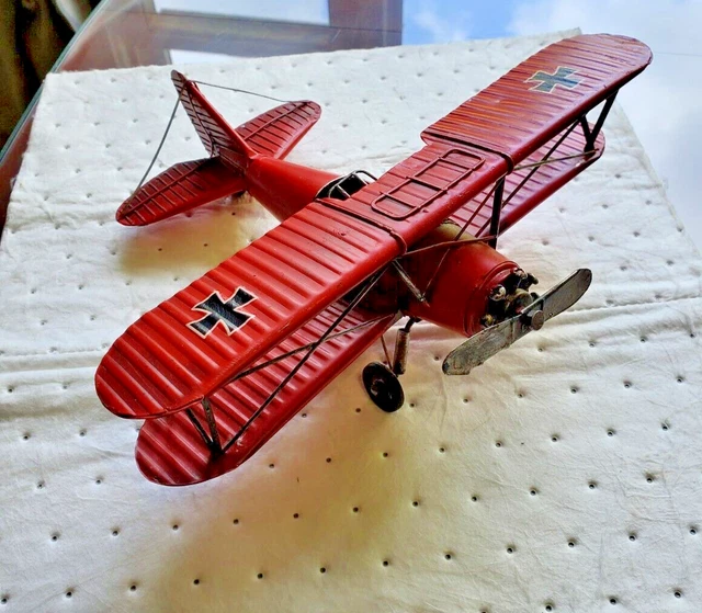 VINTAGE RED BARON Tin Metal WW1 German BiPlane Aircraft Rustic Decor