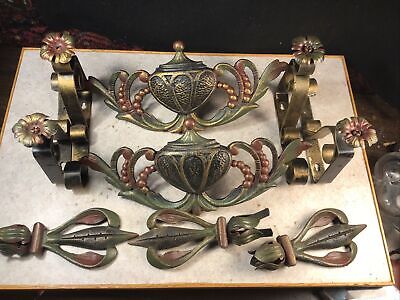 Lot Of Vintage Cast Iron Polychrome Curtain Rod Clip Toppers, Finials, Brackets