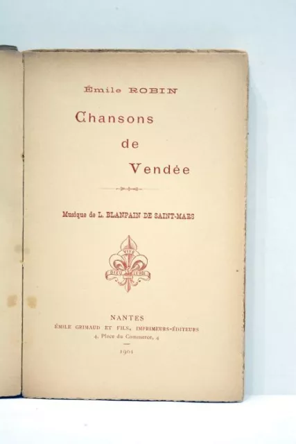 Livre Ancien Robin Chansons De Vendee Musique Partitions Illustre 1901