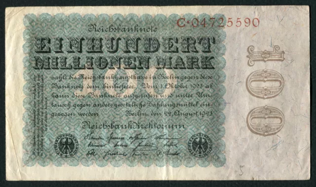 GERMANY 1923 100 Millionen Mark P-107a  VF    Wtm: Oak leaves