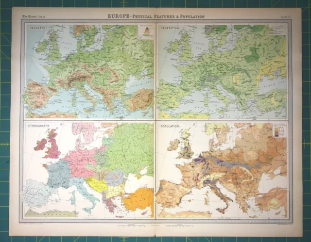 Europe Orography Population - Vintage 1922 Times World Atlas Antique Folio Map