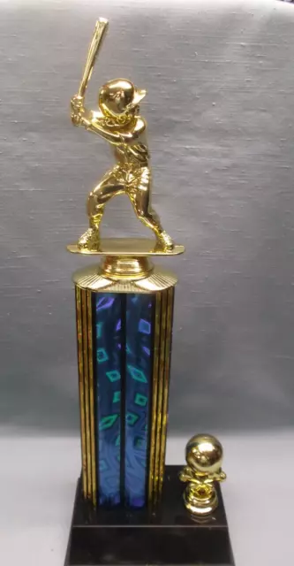 youth male BASEBALL trophy award wide blue column weighted base ball trim