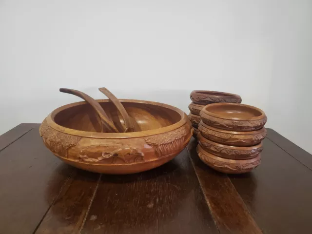 LARGE Hand Carved Wooden Salad Serving Bowl Set Made In the Philippines?