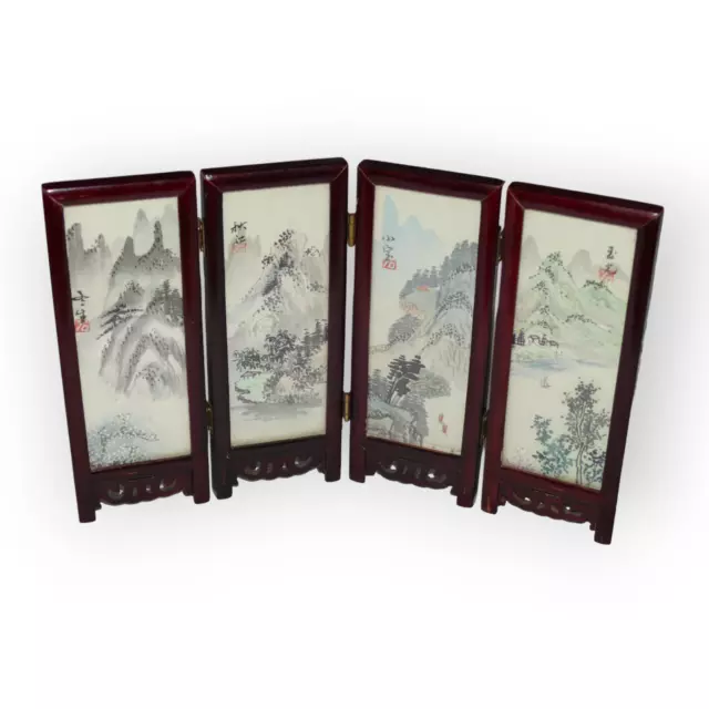 Vintage Hand Painted Chinese MINIATURE Screen Ea Panel Signed on Silk