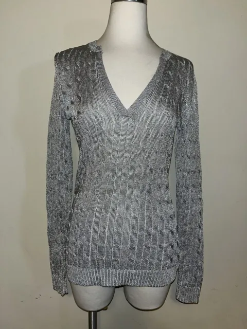RALPH LAUREN Silver Metallic Sweater • Black Label Cable Knit V-Neck • Medium