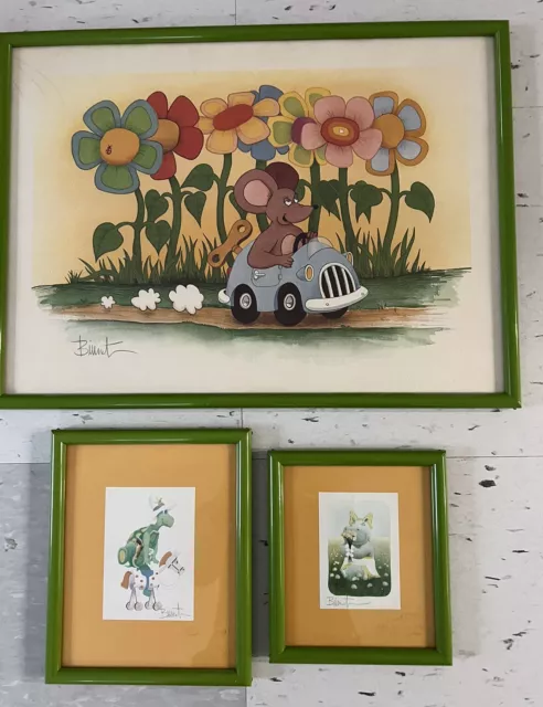 VTG Art Prints Anthropomorphic Animals Russ Biernat Signed MCM Children’s Art