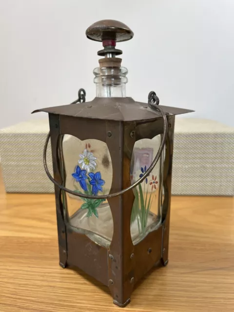 German Copper and Glass Musical Lantern Decanter.  Vintage Rare Hand Painted.