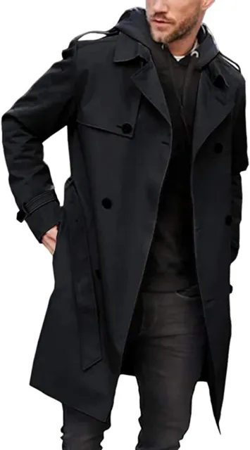Mens Trench Coat Slim Fit Double Breasted Long Jacket Notched Lapel Belt Fall Wi