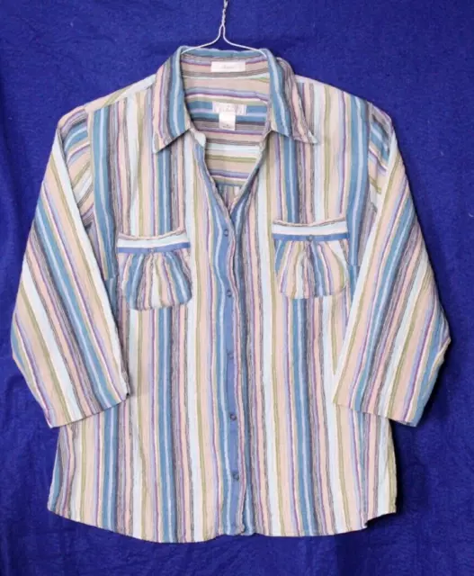 CHRISTOPHER & BANKS BLOUSE ladies size M teal blue purple beige stripe crinkle