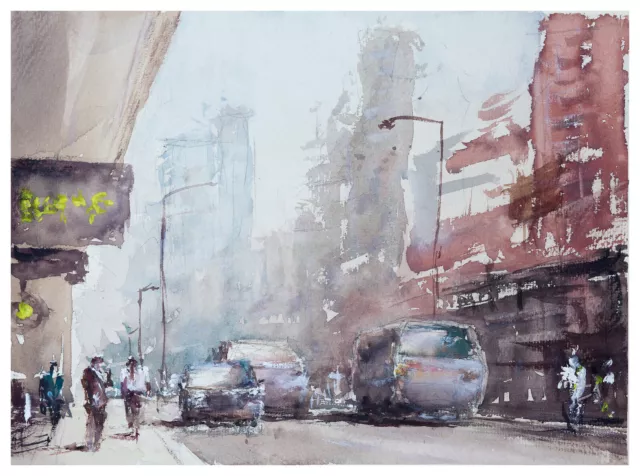 Original Aquarell Gemälde Malerei impressionistisch City Straßenschlucht