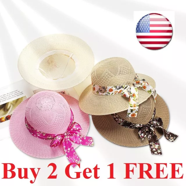 Wide Brim Straw Hat Foldable Beach Hat  Women  Bowknot Decor Floppy Cap Women