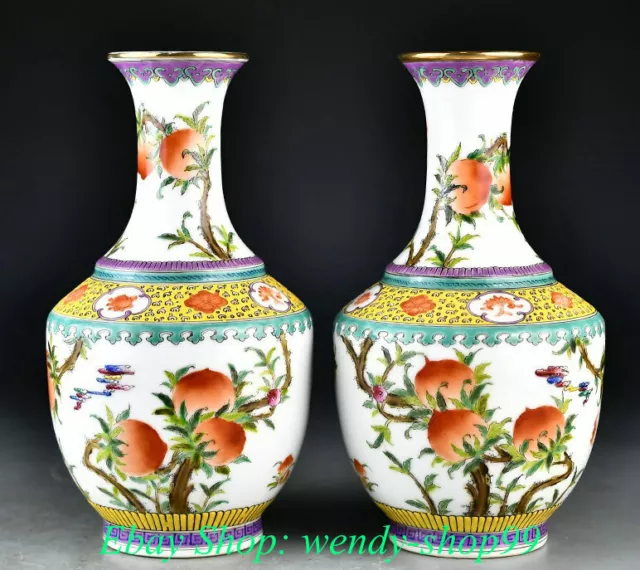 10" Marked Old Chinese Famille Rose Porcelain Palace Peach Flower Bottle Pair
