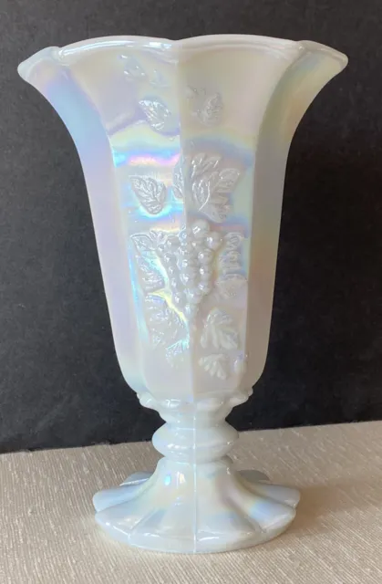 Vintage Westmoreland Iridescent Milk Glass 6” Vase Paneled Grape Vine Signed
