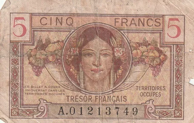 1 billet.  5 francs.  Trésor Français 1947.  Voir description