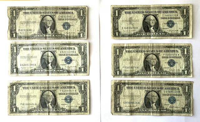 Five 1957-A & One 1935-G One Dollar Well Circulated Silver Certificate Banknote
